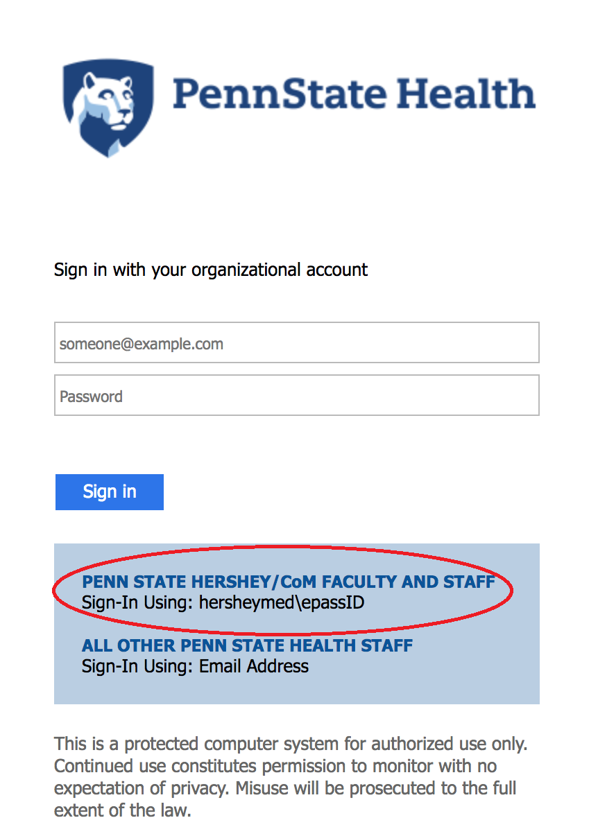Penn State Health Access Account Login Screen