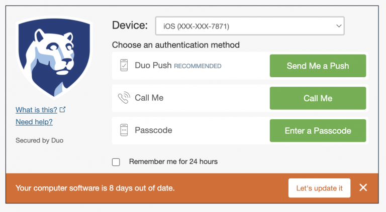 Image shows the two-factor authentication (Duo) screen