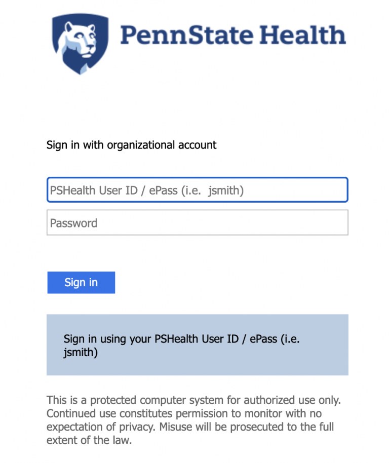 Image shows Penn State Health ePass login screen