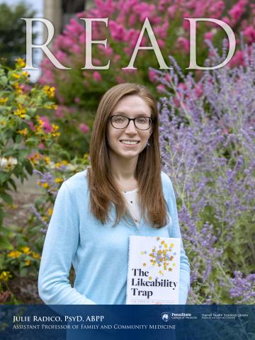 Picture shows the 2020 Read honoree Julie Radico holding the book she recommended: The Likeability Trap: How to Break Free and Succeed as You Are by Alicia Menendez
