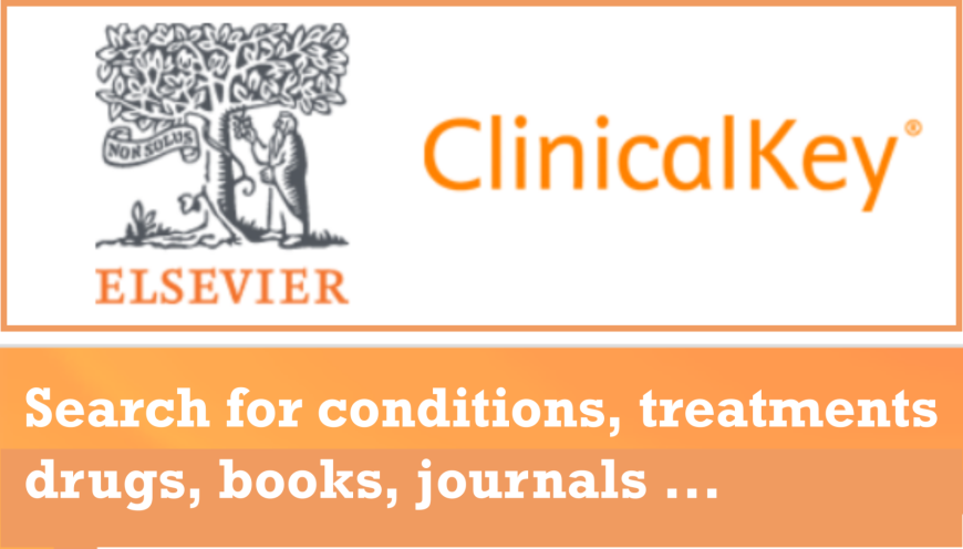 Clinical Key ad with the Elsevier logo and text "ClinicalKey" on top. Bottom text is "Search for conditions, treatments, drugs, books, journals ..."