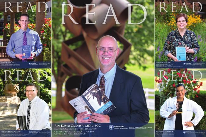 Photo shows the 2019 read nominees holding the books they recommended. Top left: Kevin Moser, bottom left: Peter Rainey, center: David Carnish, top right: Lisa Shantz, bottom right: Sarah Ramirez